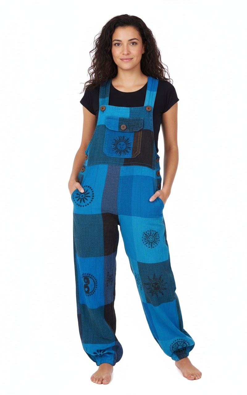 Stylish Blue Patchwork Cotton Jumpsuit/Dungaree – Handmade in Nepal | Boho Wear