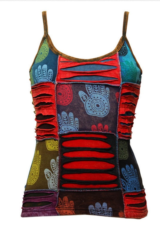 Razor Cut Hamsa Hand Print Women’s Cotton Tank Top – Handmade in Nepal | Boho Hippie Wear