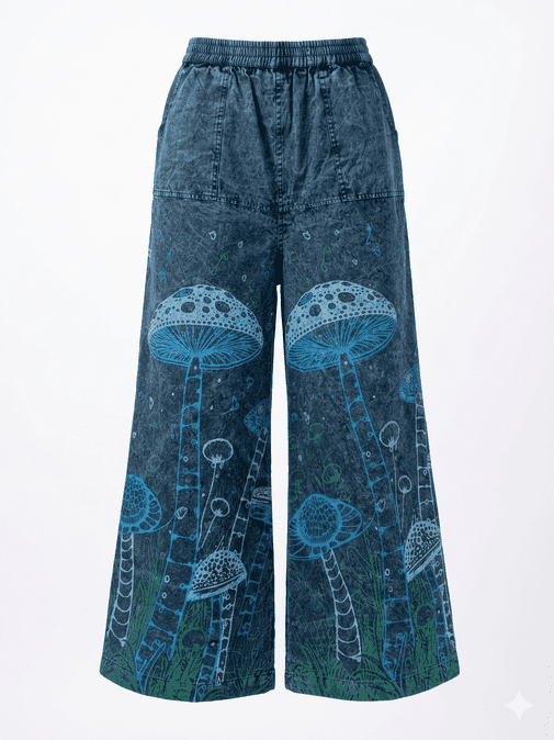 Stonewashed Mushroom Printed Cotton Trousers