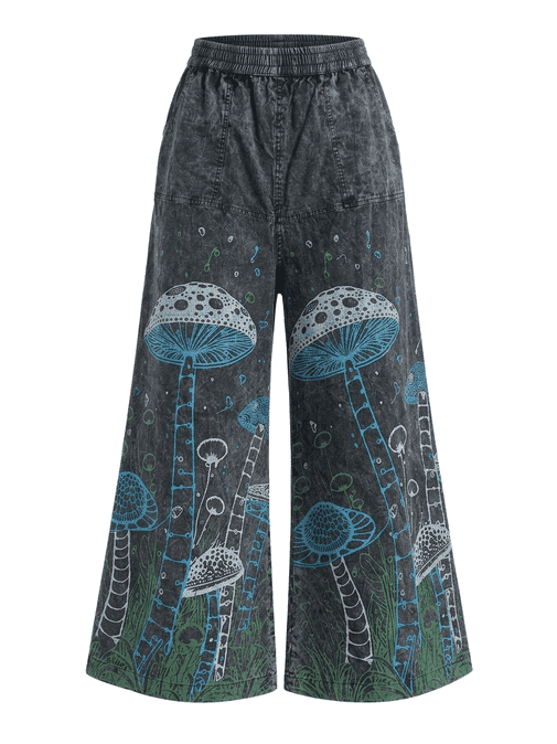 Stonewashed Mushroom Printed Cotton Trousers