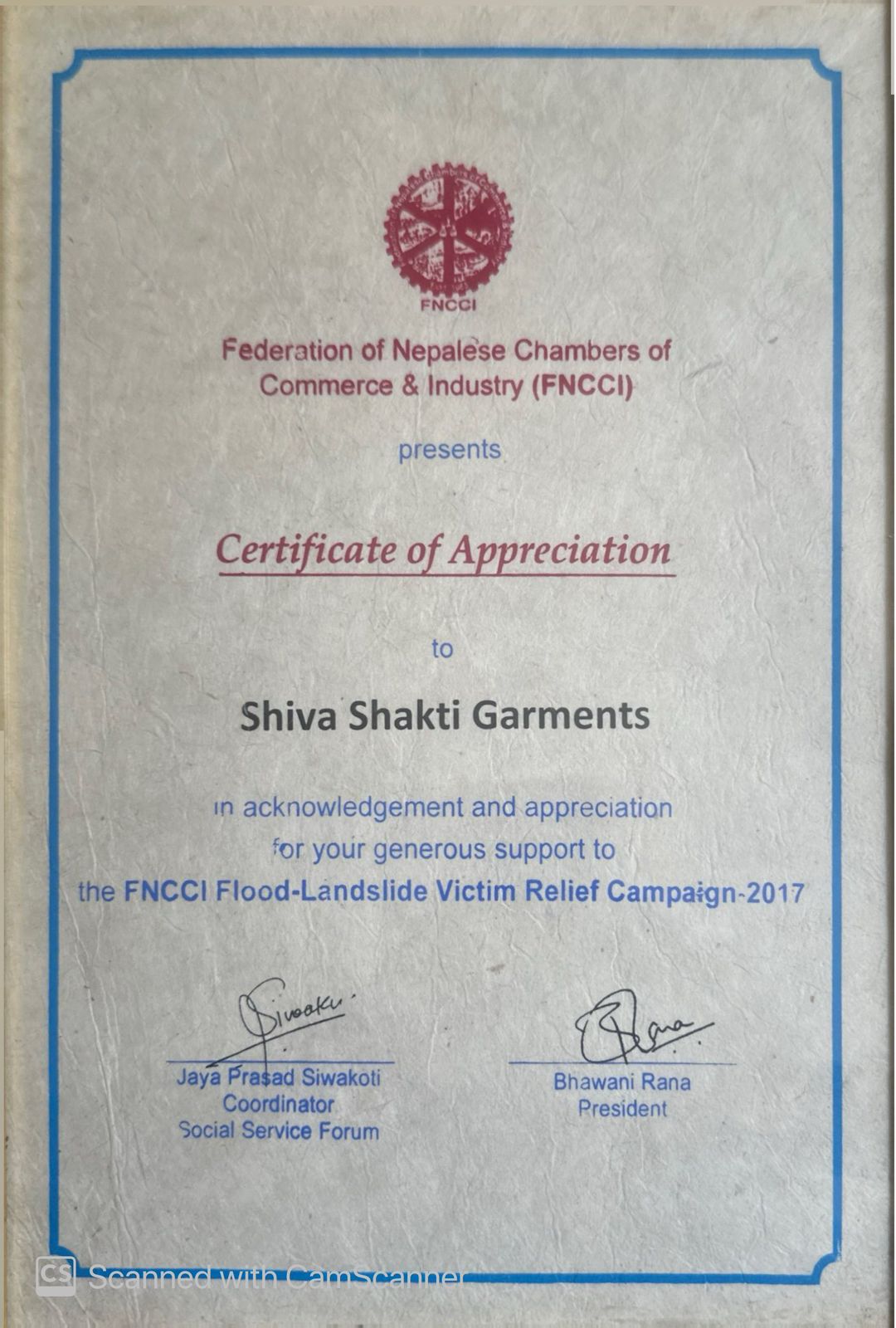 Certificate of Appreciation issued by FNCCI