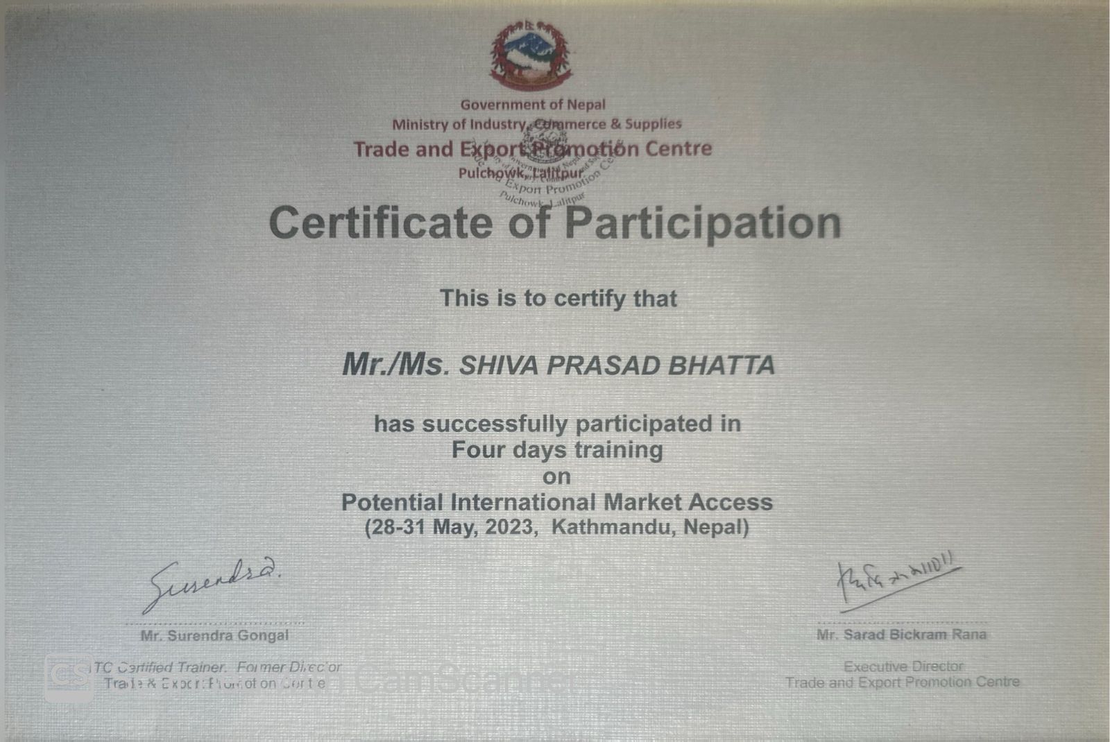 Certificate of Participation -Trade and Export Promotion Centre of Nepal.