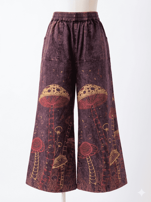 Stonewashed Mushroom Printed Cotton Trousers