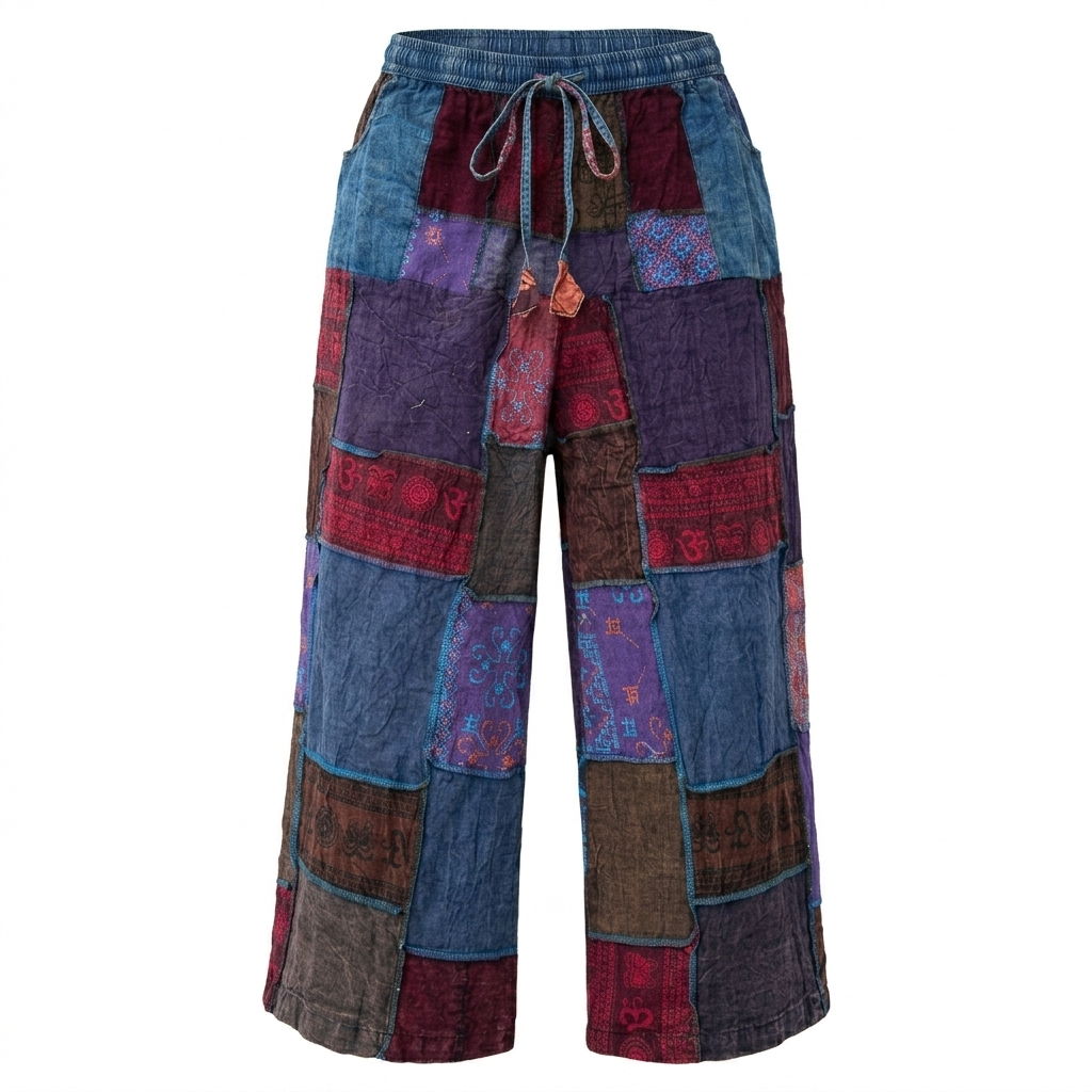 Blue Patchwork Wide-leg Trousers